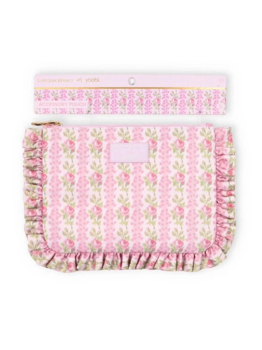 LoveShackFancy Pink Rose-Print Ruffle Zipper Pouch